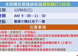本院開放莫德納疫苗隨到隨打100名